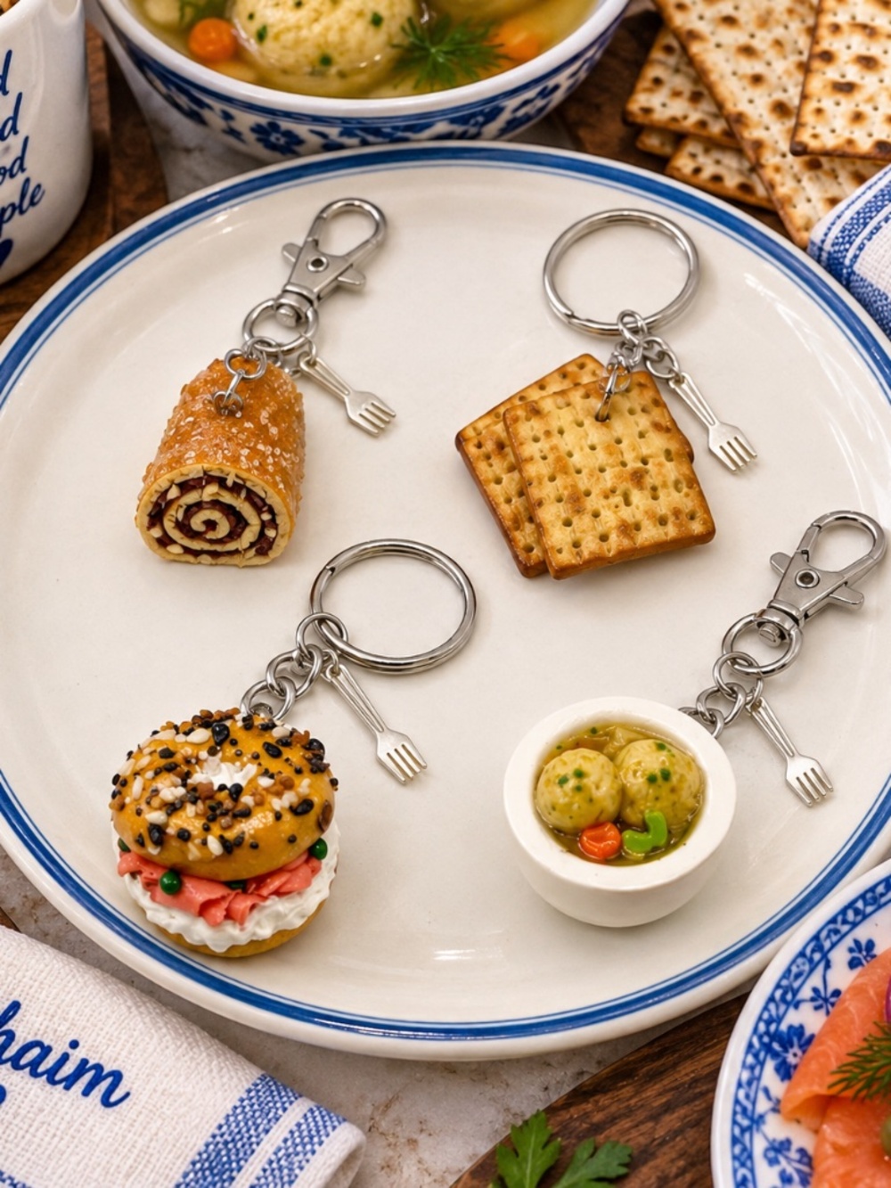 Jewish Food Keychain or Bag Clip-Bagel & Lox, Matzah Ball Soup, Rugelach, Matza